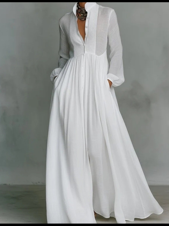 The Unbranded Brand Dresses & Skirts - White Maxi Shirt Dress with Long Sleeves